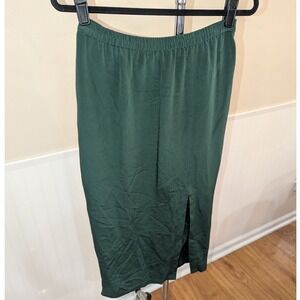VTG Emerald Green Silk Midi Straight Skirt Size 8 Elastic Waist Slit NWT
